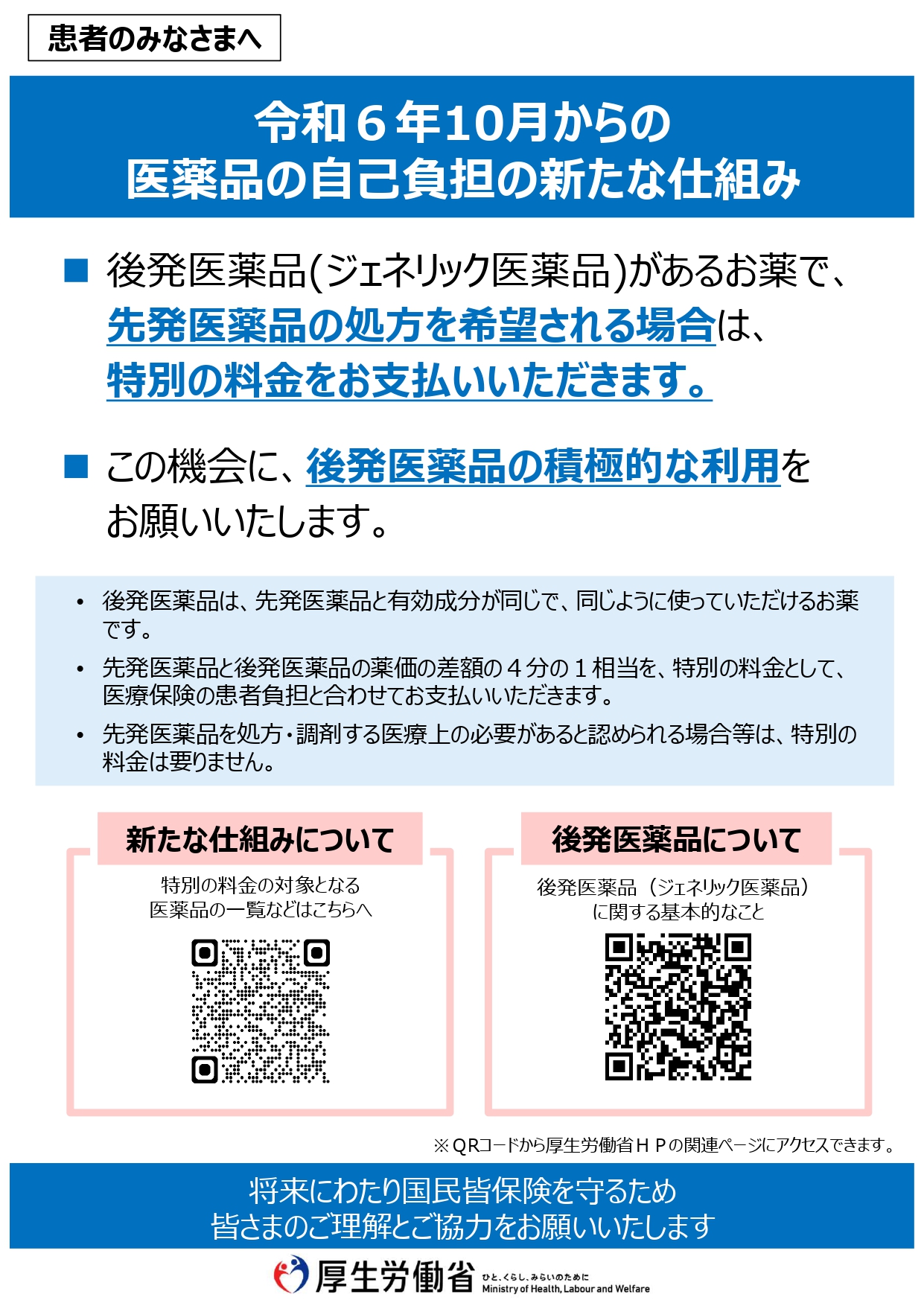 患者の皆様へ：令和6年10月からの医薬品の自己負担の新たな仕組み